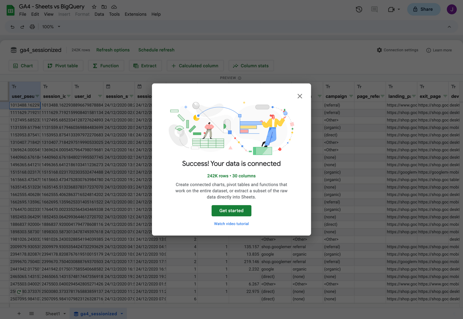 How to set up Google 'Connected' Sheets to access GA4 BigQuery export data without learning SQL